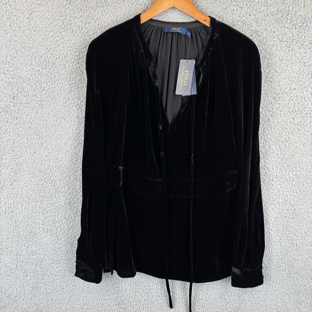 Polo Ralph Lauren Velvet Top Size 6 Black Long Sleeve Side‎ Zip Neck Tie NEW